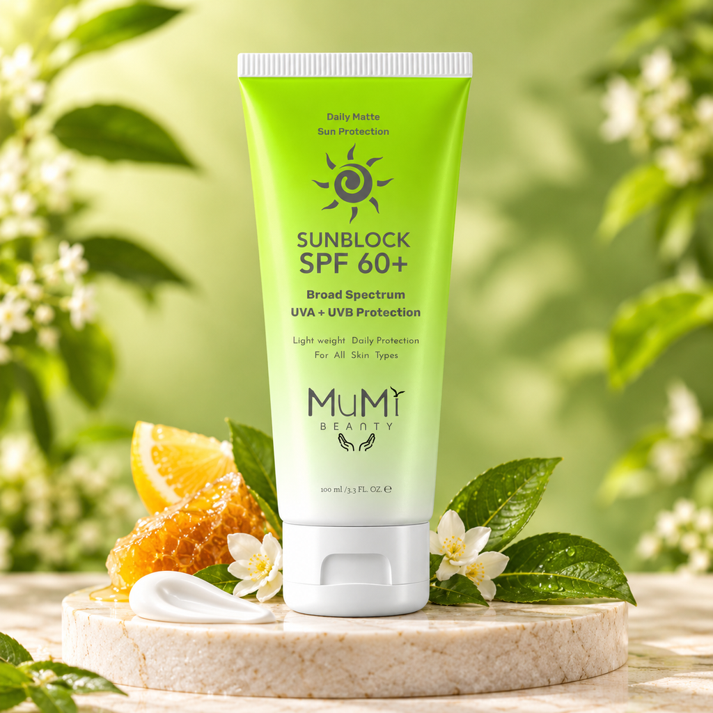Sunblock SPF 60+. Broad Spectrum UVA + UVB Protection. Light Weight Daily protection For All Skin Types.