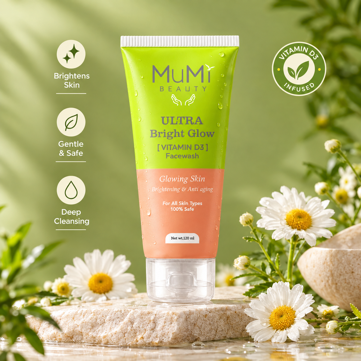 Ultra Bright Glowing Face Wash, VITAMIN D3, Glowing Skin, Brightening & Anti Aging, for All type of skins, 100% Safe and natural. 